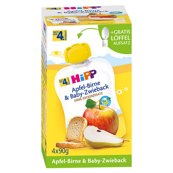 HiPP Organic Puree Fruit Pouches - 4 Pack- Apple Pear & Baby Rusk