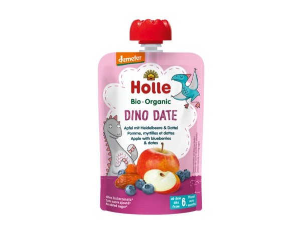 Holle Organic Pure Fruit Pouches - 6 Pack -Dino Date with Apple, Blueberries, and Dates