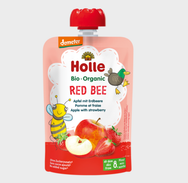 Holle Organic Pure Fruit Pouches - 6 Pack - Red Bee with Apple and Strawberry