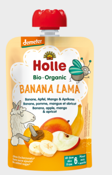Holle Organic Pure Fruit Pouches - 6 Pack - Banana Lama with Apple, Banana, Mango and Apricot