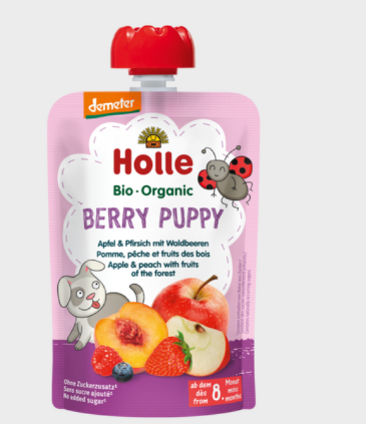 Holle Organic Pure Fruit Pouches - 6 Pack - Berry Puppy with Apple, Peach, and Forest Berries